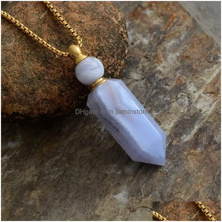 Natural gems stone  Oil Diffuser Perfume Bottle Pendant necklace stainless steel jewelry Drop 2009281302895