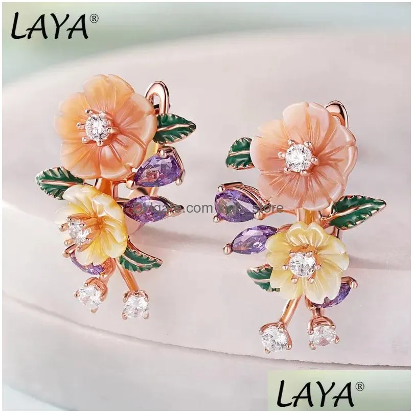 Stud Earrings Laya For Women High Quality Zircon Natural Shell Flower Green Leaf Enamel 925 Sterling Sier Fashion Modern Jewelry Dro Dhlwn