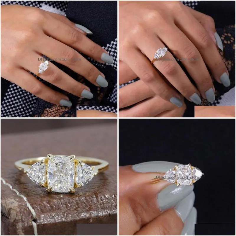 Cluster Rings Randh Solid 18K Yellow Gold Radiant Cut 7 5Mm 3 Stones Moissanite Ring 1.00Ct D Color Fine Jewelry For Women Wedding D Dhq6M