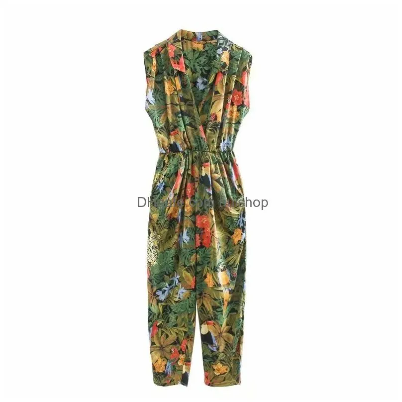 Womens Jumpsuits Rompers Flabbit Women Tropical Leaves Flower Birds Print Female Sleeveless Elastic Waist Casual Slim Siamese Pants Dhhab