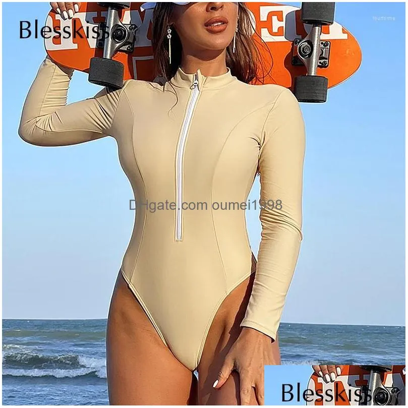 Women`s Swimwear BLESSKISS Zipper Surfing Swimming Suit For Women 2023 High Cut Thong Swimsuit Long Sleeve UV Protect Bathing