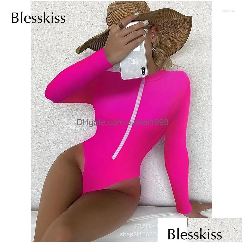 Women`s Swimwear BLESSKISS Zipper Surfing Swimming Suit For Women 2023 High Cut Thong Swimsuit Long Sleeve UV Protect Bathing