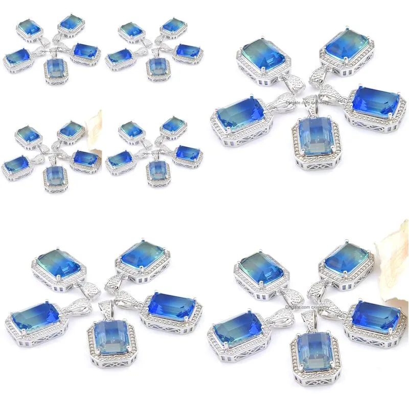 Mix 5 Pieces Pendants Luckyshine Shine Square Cut Blue Green BiColored Tourmaline Gemstone 925 Silver Pendant Necklaces1166625