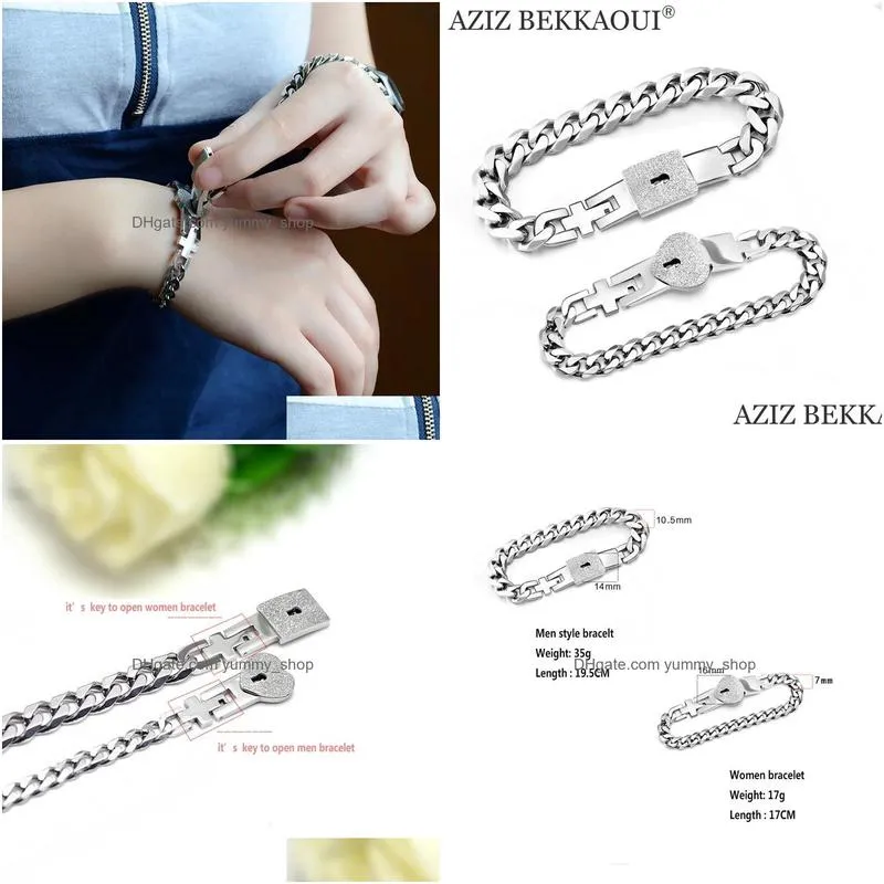 bracelets aziz bekkaoui fashion name heart jewelry lock key couple bracelets stainless steel figaro chain bracelets drop 