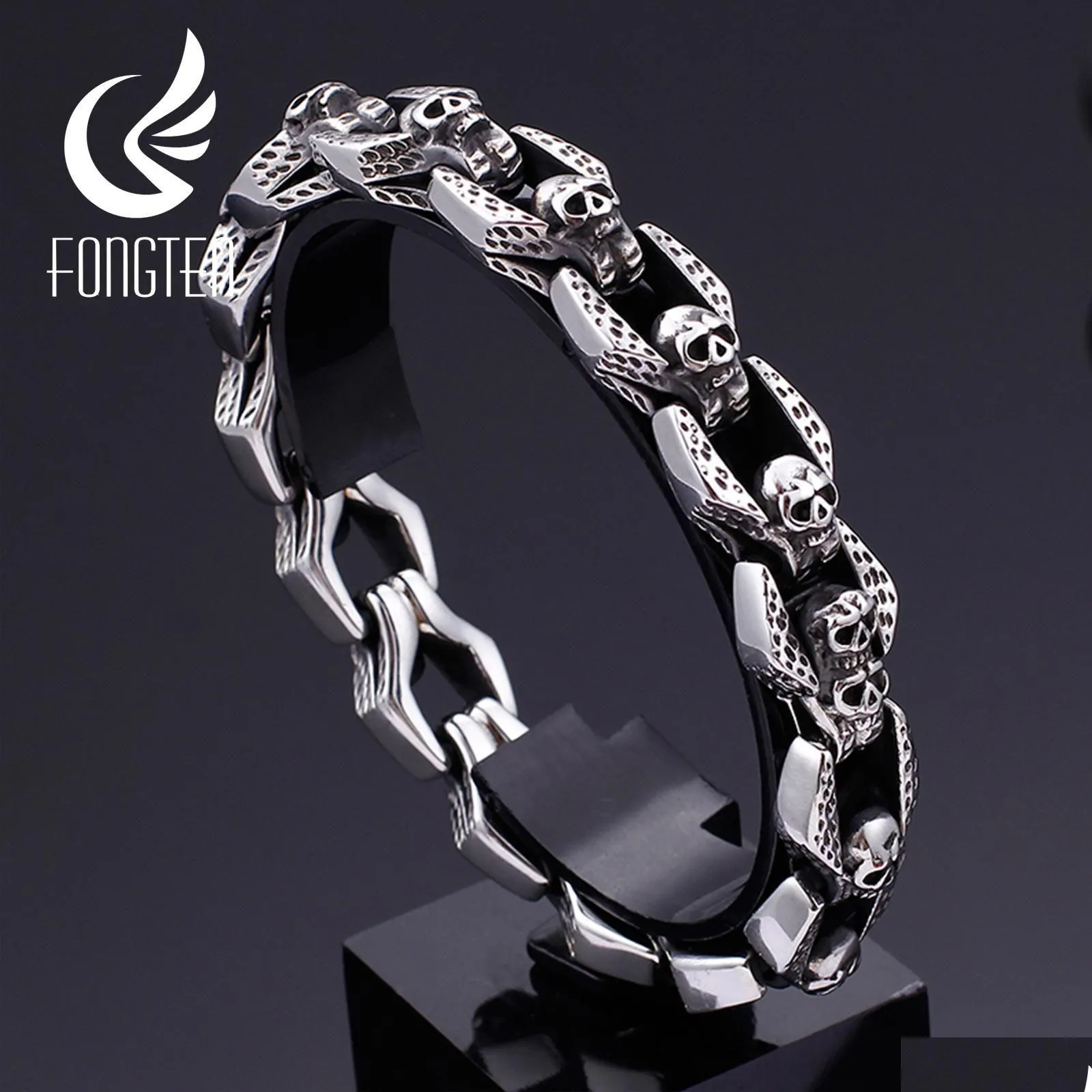 Bracelets Fongten Skull Charm Bracelet Blacken Metal Stainless Steel Wrist Band Gothic Bracelets Men Jewelry Best Friends Gift