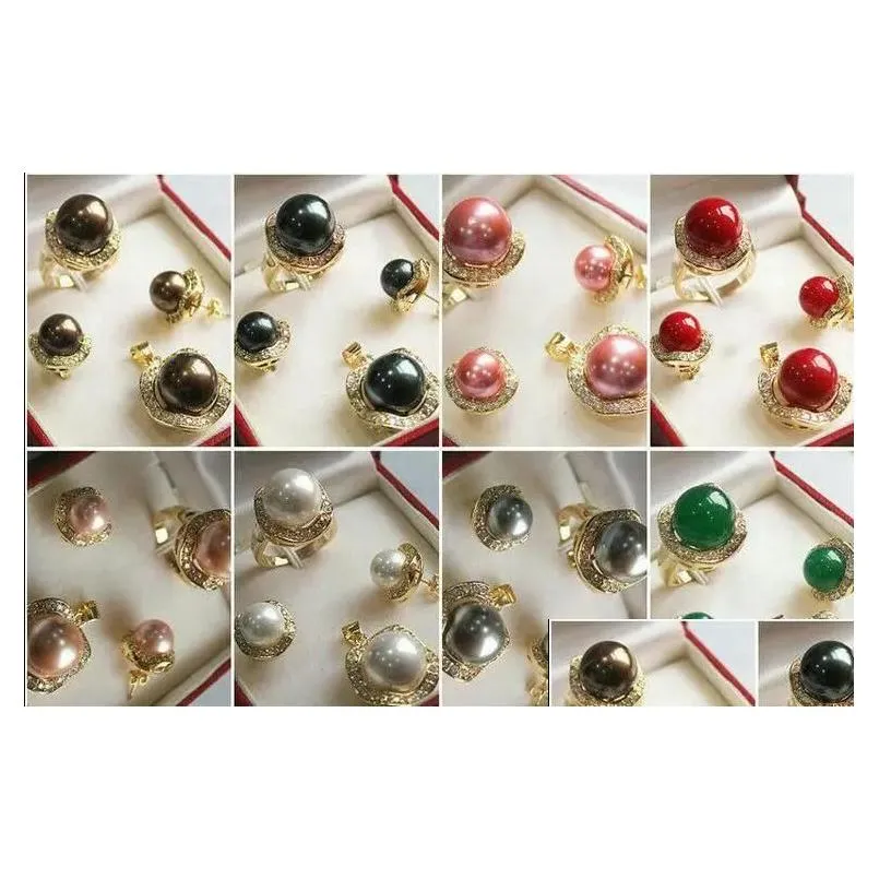 sets 1014mm south sea shell pearl /jade round bead ring earring pendant necklace set ring size 6 7 8 9 choose