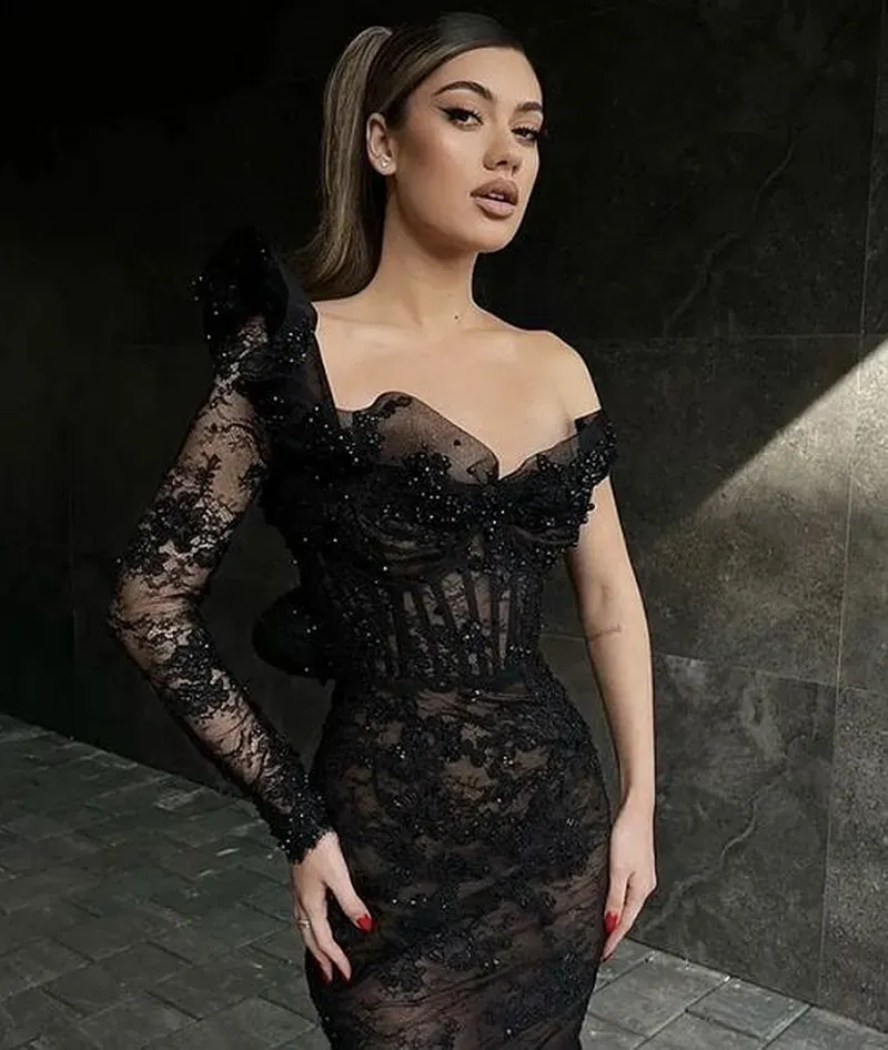 Elegant Arabic One Shoulder Black Lace Evening Dresses Beaded Corset Mermaid Formal Dress For Women Long Sexy Prom Special Occasion Gowns 2024