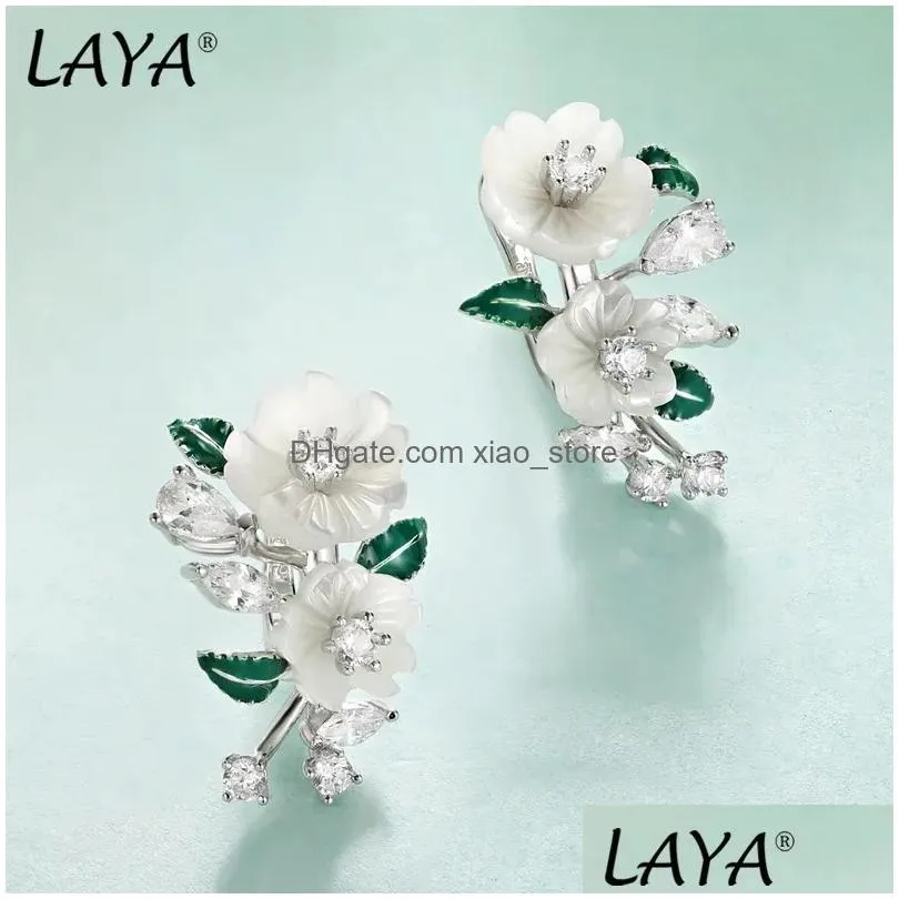 Stud Earrings Laya For Women High Quality Zircon Natural Shell Flower Green Leaf Enamel 925 Sterling Sier Fashion Modern Jewelry Dro Dhlwn