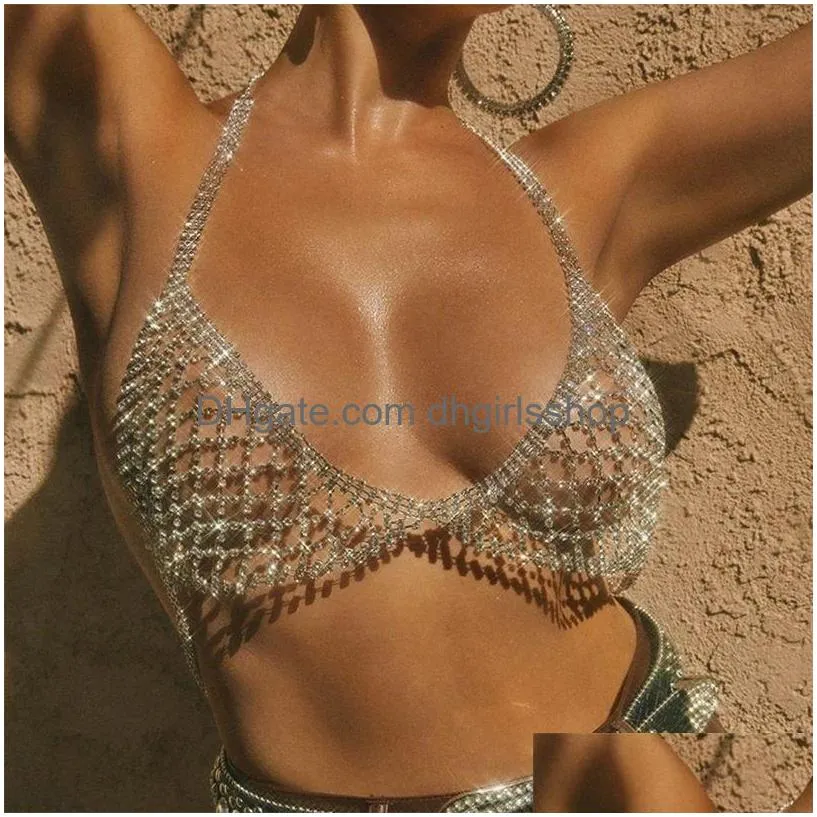 other shiny mesh crystal chest chain underwear hollow  chain bra harness lingerie sexy festival clothing outfit 221008