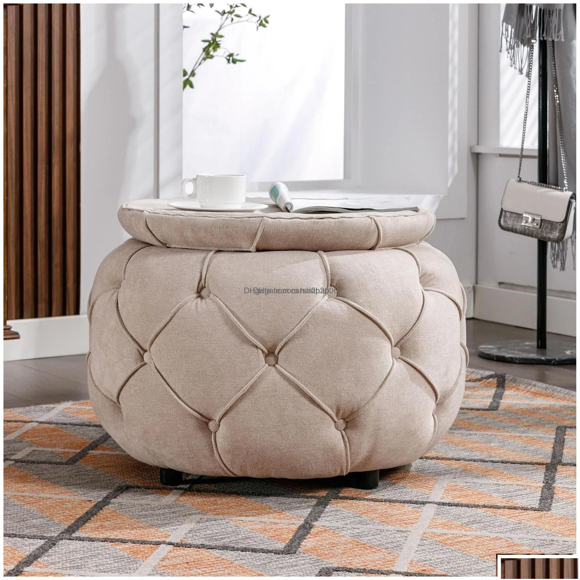 elegant beige round storage footstool with button tufted design - perfect for living room or bedroom - large and stylish home furniture