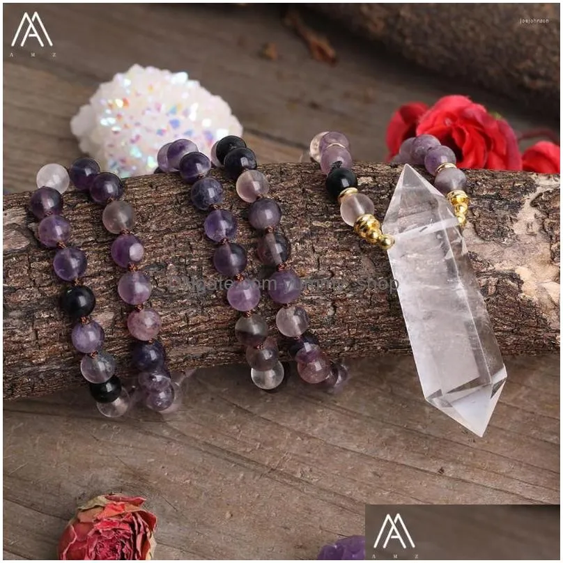 chains natural white quartz double point pendant 8mm amethysts crystal beads knot handmade necklace women chakra healing jewelry