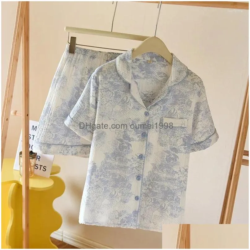 Women`s Sleepwear Summer Pajamas For Women Two-Piece Set Sleep Tops And Shorts Suit Pure Cotton Floral Print Pijama Lingerie