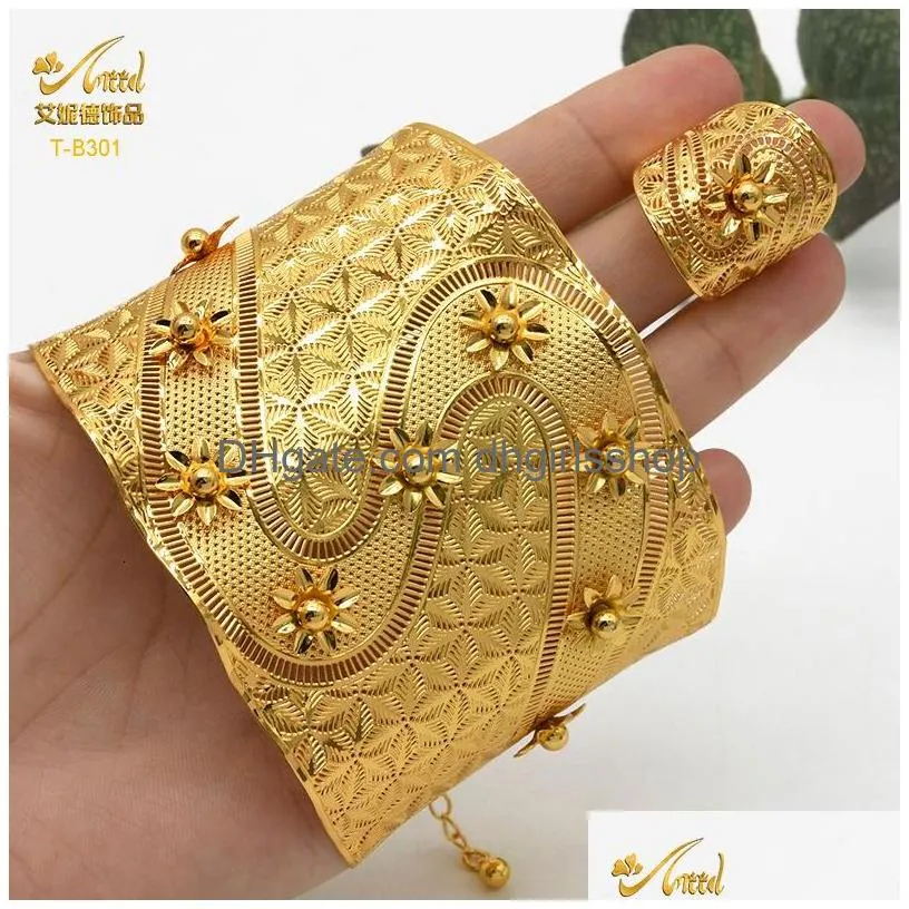 bangle aniid indian 24k plated bangles with ring for women african arabic charm gold color bracelet jewelry dubai nigerian wedding gift
