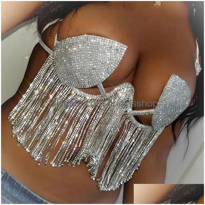 other baroque luxury harness halter neck crystal bikini lingerie tassel sexy bra chain chest jewelry for women niglub 221008