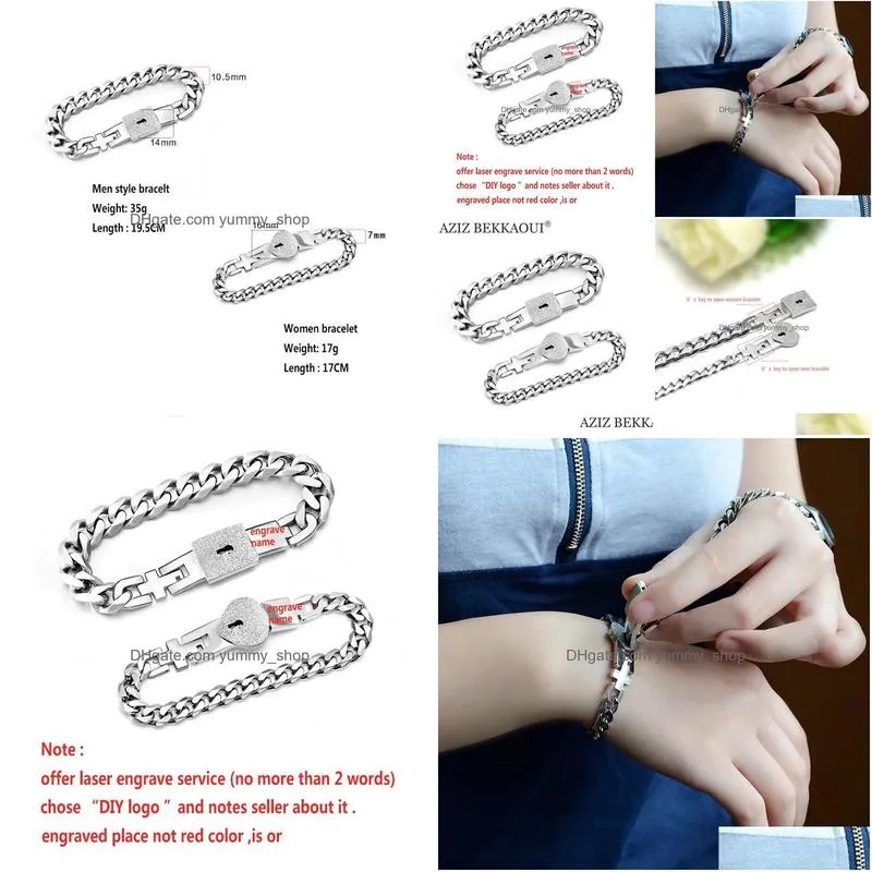 bracelets aziz bekkaoui fashion name heart jewelry lock key couple bracelets stainless steel figaro chain bracelets drop 
