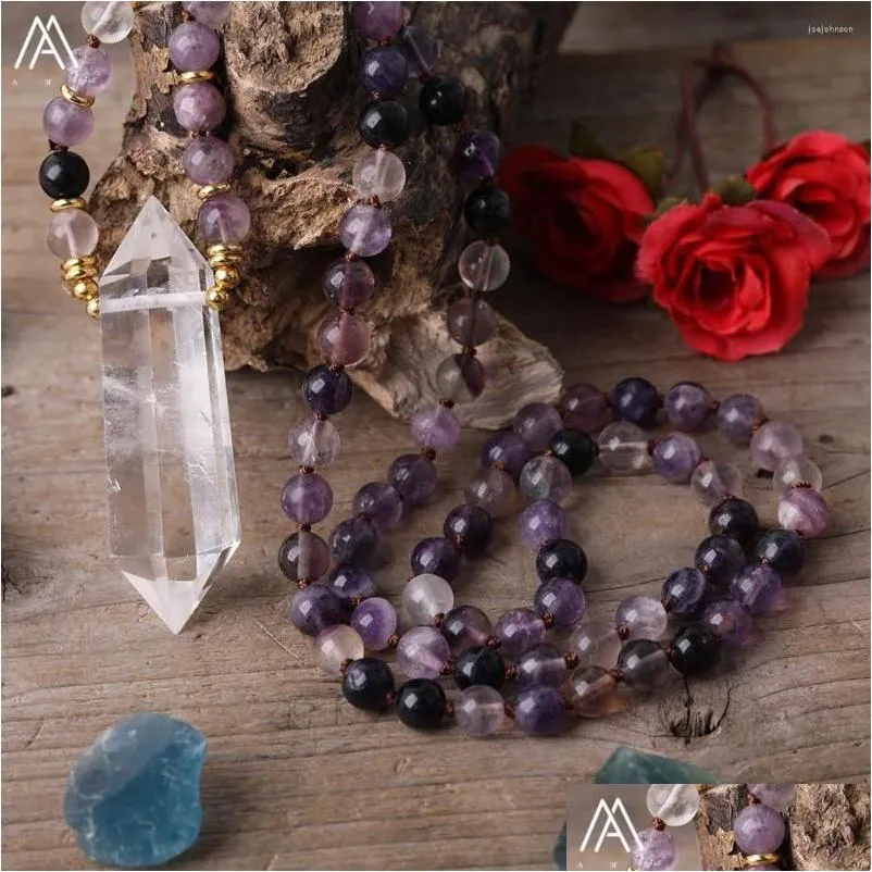 chains natural white quartz double point pendant 8mm amethysts crystal beads knot handmade necklace women chakra healing jewelry
