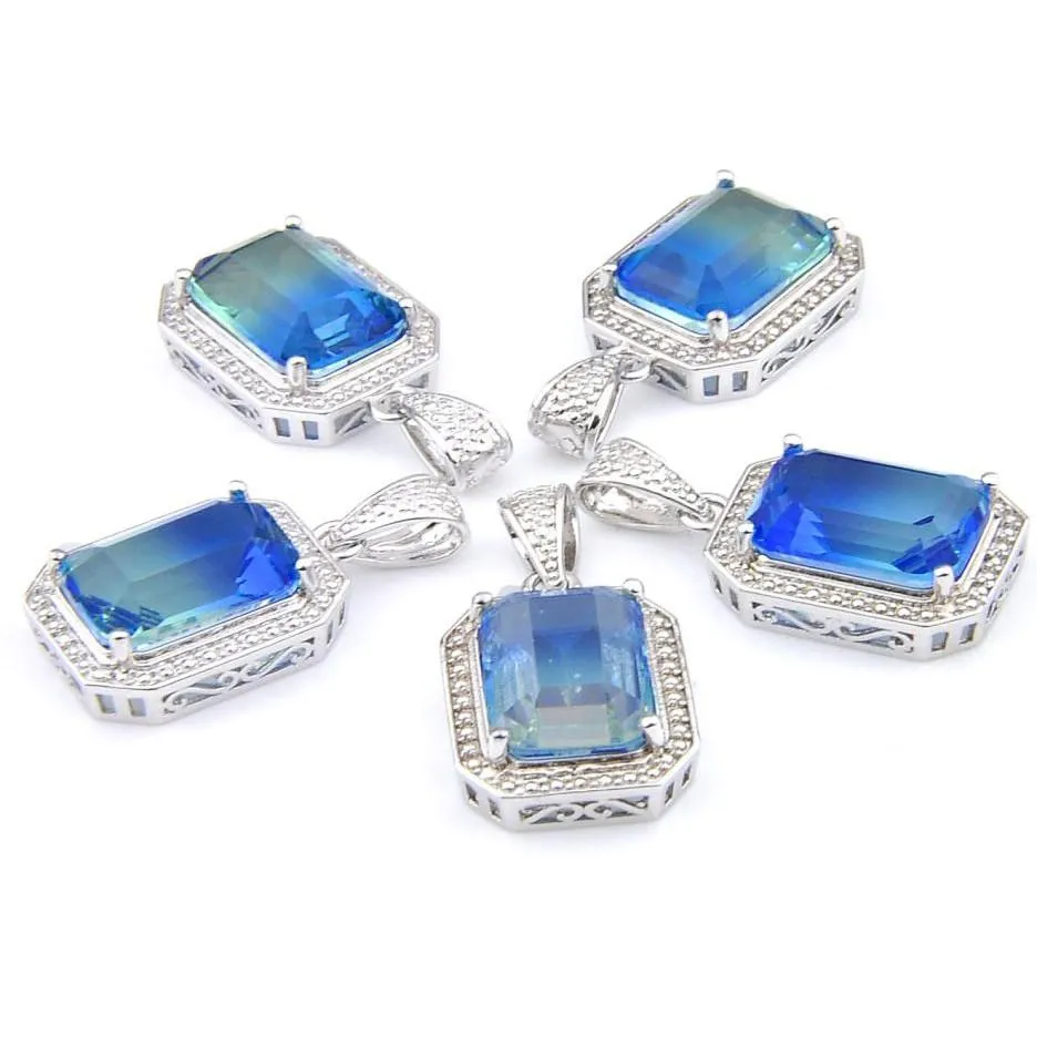 Mix 5 Pieces Pendants Luckyshine Shine Square Cut Blue Green BiColored Tourmaline Gemstone 925 Silver Pendant Necklaces1166625