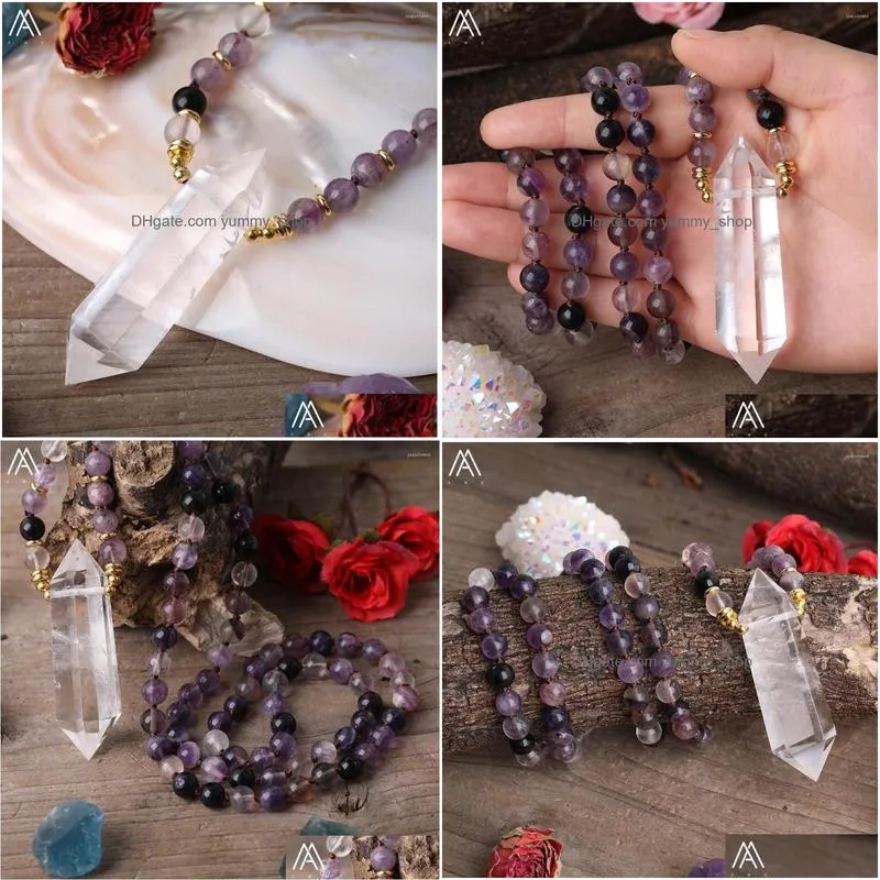 chains natural white quartz double point pendant 8mm amethysts crystal beads knot handmade necklace women chakra healing jewelry