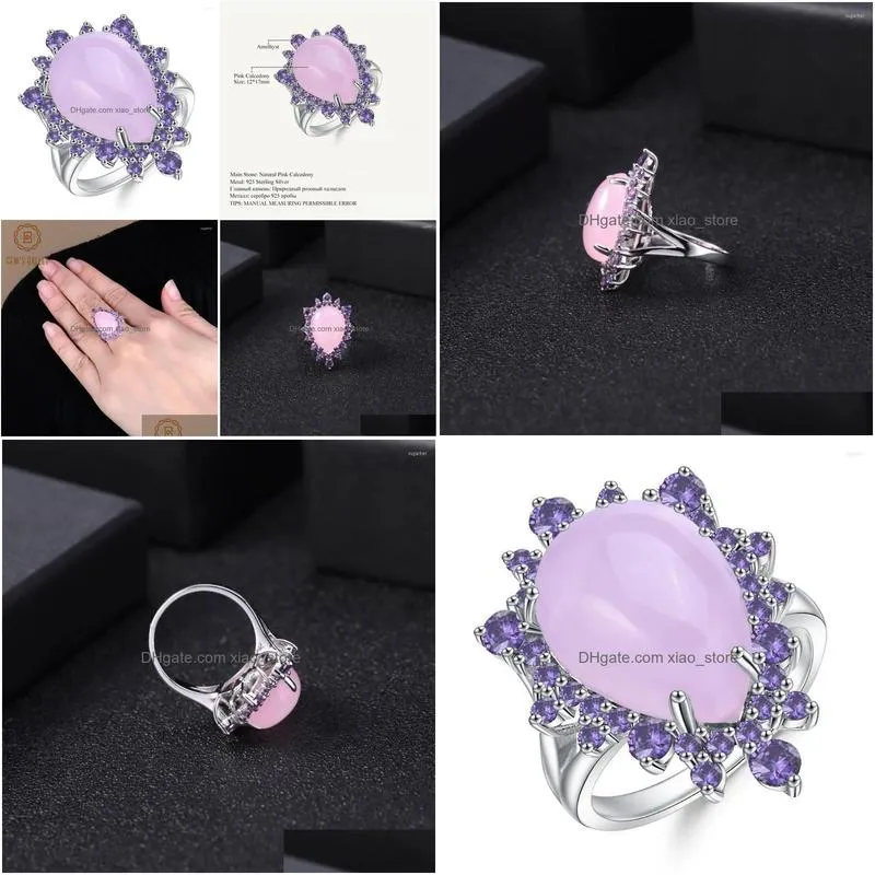 Cluster Rings Gems Ballet Natural Pink Chalcedony Gemstone Ring 925 Sterling Sier Vintage Elegant Cocktail For Women Fine Jewelry Dr Dhes1