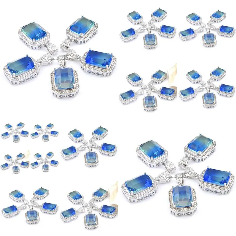 Mix 5 Pieces Pendants Luckyshine Shine Square Cut Blue Green BiColored Tourmaline Gemstone 925 Silver Pendant Necklaces1166625