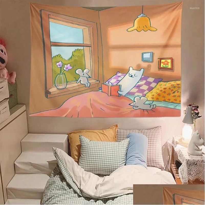 tapestries kawaii room decor tapisserie cute cartoon healing illustration tapestry home decoration mural accessories wall hanging