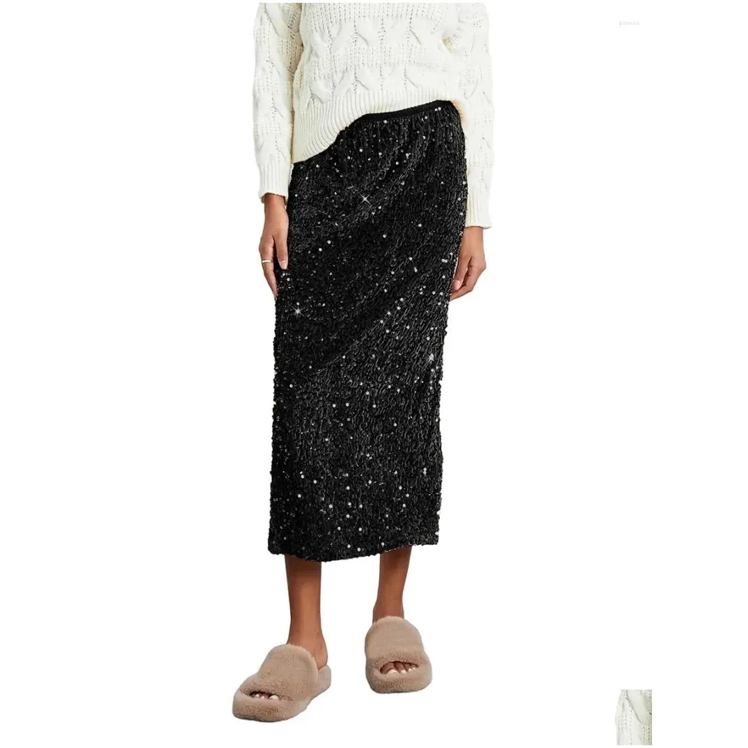 Skirts Women S Sparkly Sequin Midi Skirt High Waist Glitter Pencil Bodycon Formal Cocktail Party Slit