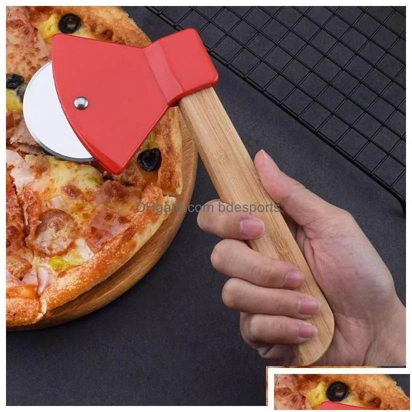 fruit vegetable tools axe bamboo handle pizza cutter rotating blade home kitchen cutting tool inventory wholesale drop deliv delivery