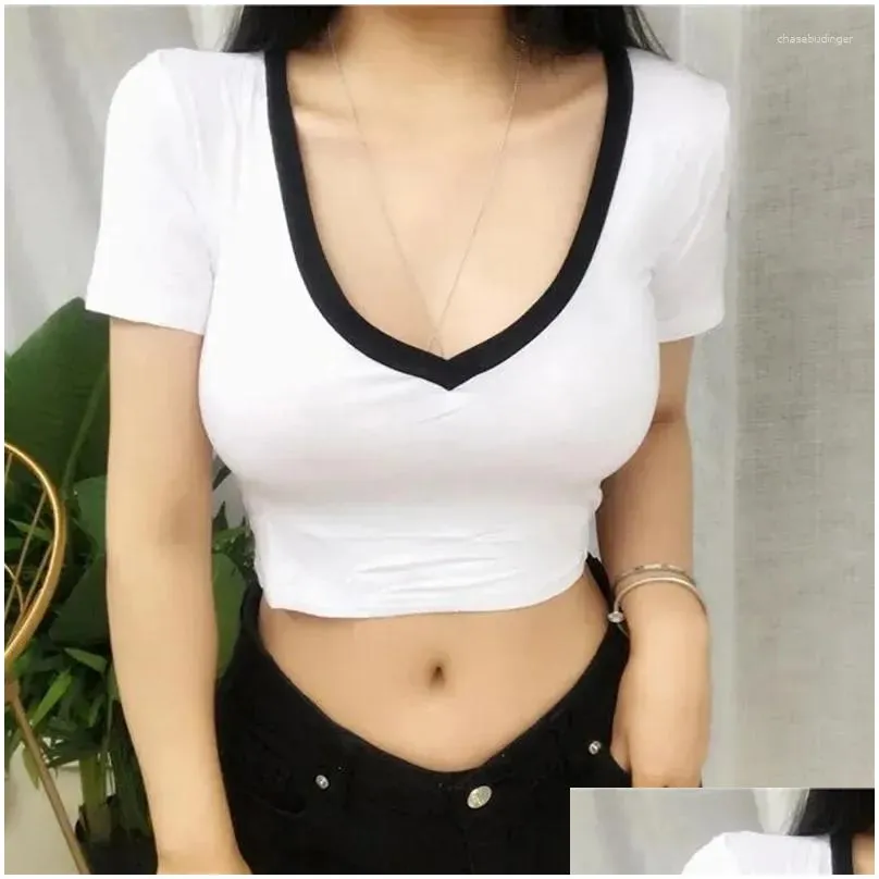 Women`s T Shirts Summer Fashion Solid V Neck Women Short Sleeve Sexy Crop Tops Ladies Casual Tees Top Female Black White T-Shirts