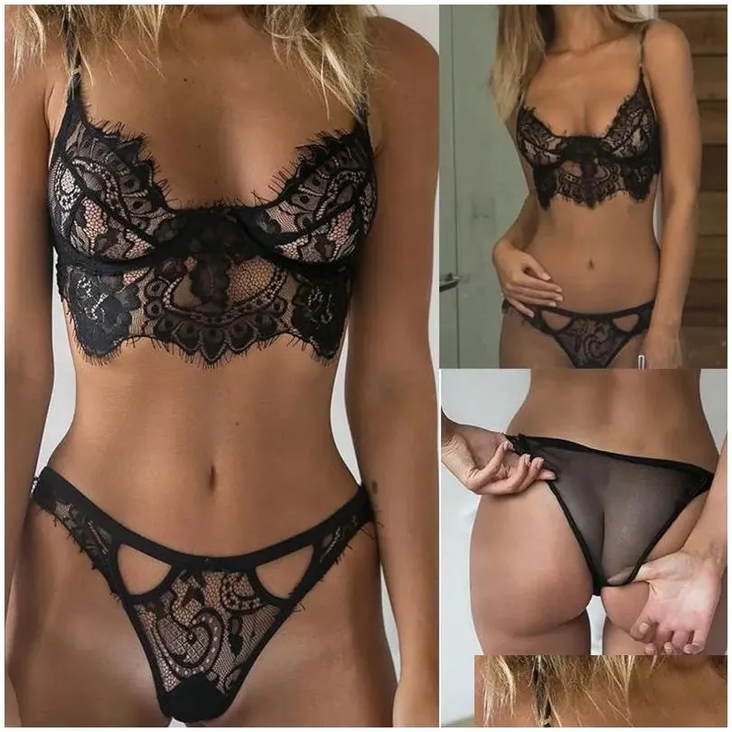 Sexy Three-point Set Lingerie Set Women Hot Exotic Open Crotch Transparent Underwear G-string Bandage Bikini Three-point Set