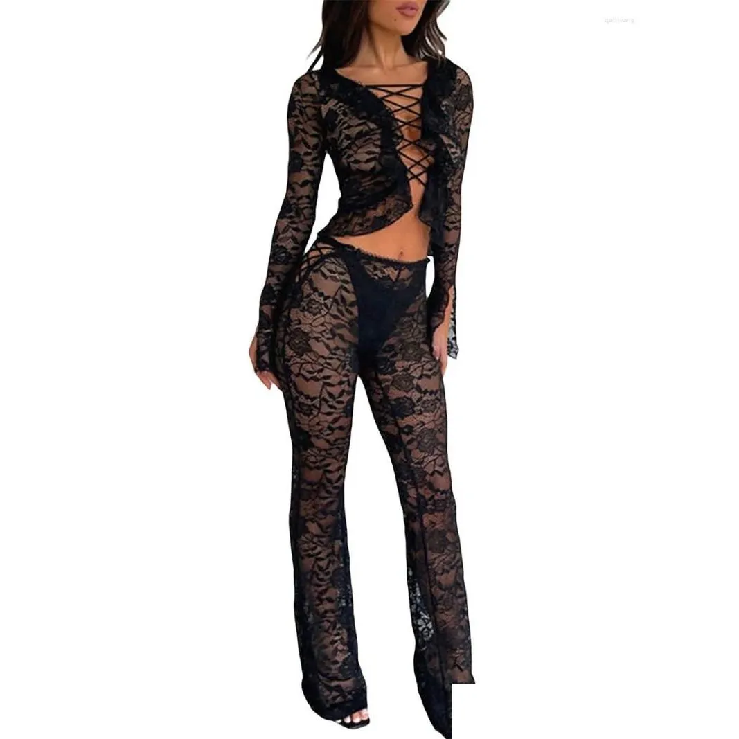 Women`s T Shirts Women Lace Pants Sets 2 Piece Outfit Sexy Hollow Slim Fit Ruffle Long Sleeve Crop Top Flared Suit Streetwear
