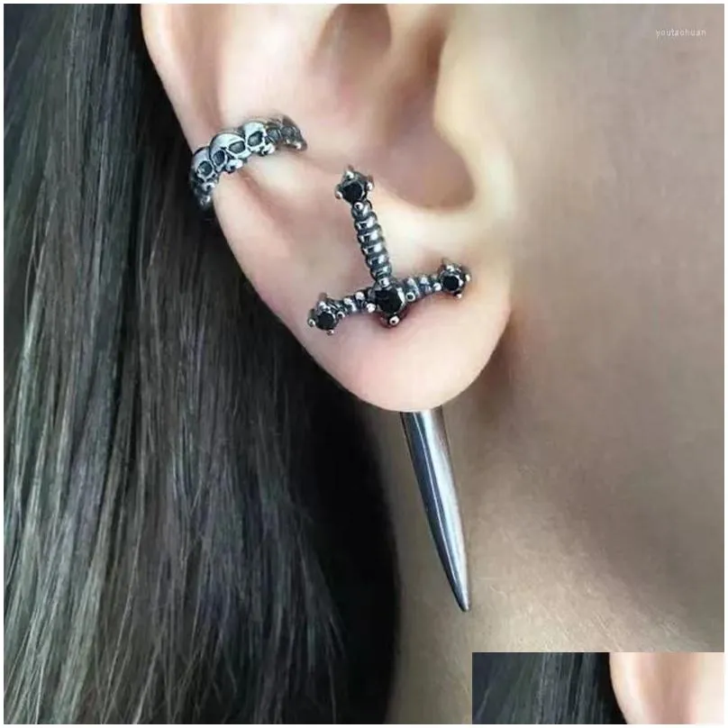 Stud Earrings Gothic Unique Trend Splitting Sword Vintage Cool Punk Black Zircon Ear Jacket Dagger Jewelry Gift For Women
