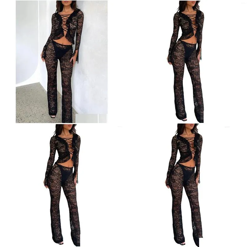 Women`s T Shirts Women Lace Pants Sets 2 Piece Outfit Sexy Hollow Slim Fit Ruffle Long Sleeve Crop Top Flared Suit Streetwear
