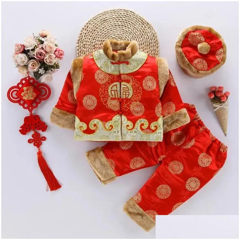 Ethnic Clothing Winter Children`s Hanfu Cotton Fur Collar Tang Suit Thick Girl Baby Boys Chinese Style Year Jacket Pants Hat Clothes