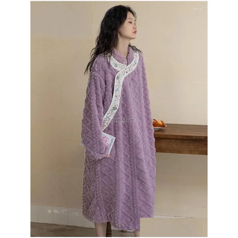 Ethnic Clothing 2024 Embroidery Chinese National Style Pajamas Women Coral Velvet Nightdress Long Sleeve Thick Autumn Winter Loose