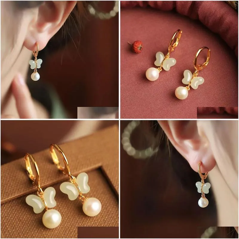 Other Fashion Accessories Style Earrings Female Pearl Inlaid With An Jade Antique Small Butterfly Drop Delivery Otpxg