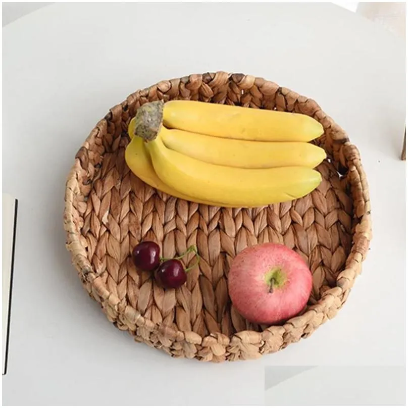 Dinnerware Sets Woven Fruit Basket Storage Decor Decorative Water Hyacinth Sundries Holder Clothes Organizer Office Round Tray