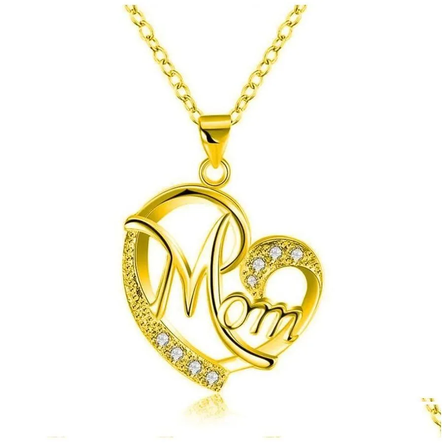 Pendant Necklaces Fashion Letter Mom Heart Shape Inlaid Crystal Necklace Mothers Day Gift High Quality Jewelry Wholesale Lots Bk 7 Col