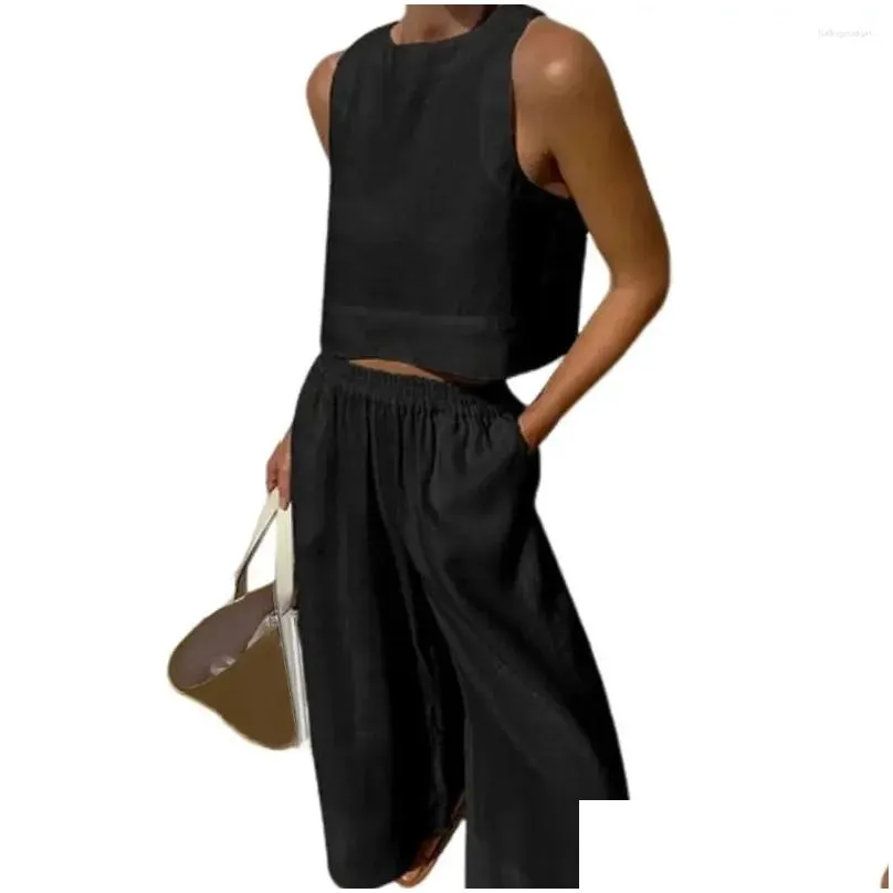 Women`s Two Piece Pants Lightweight Tank Top Wide-leg Set Stylish Vest With High Waist Pockets Wide Leg Design For Casual