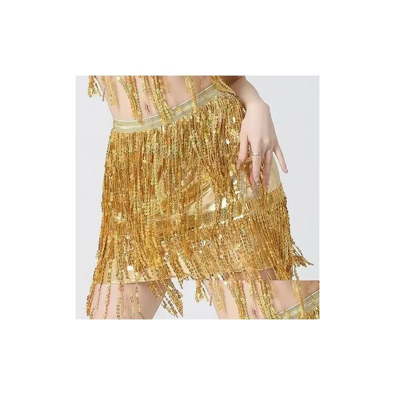 Skirts Women Sexy Belly Skirt Sequin Fringe Mini Shiny Dance Performance Rave Party Elastic Waist 3 Layers Bodycon