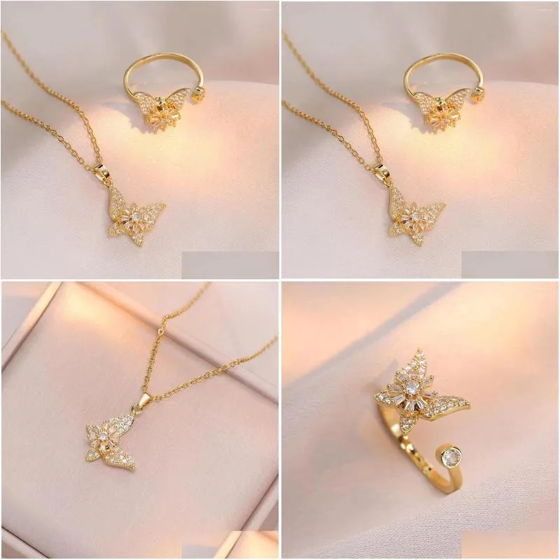 Pendant Necklaces Women Rotatable Zircon Daisy Flower Butterfly Adjustable Ring Wholesale Stainless Steel Chain Accessories