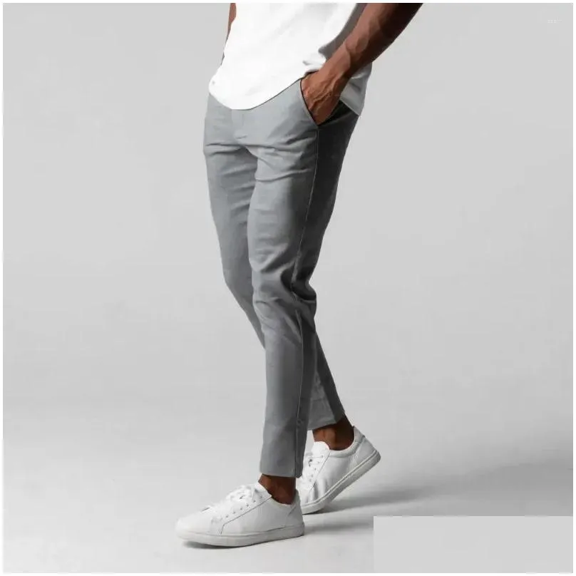 Men`s Pants Men Casual Trousers Breathable Elegant Slim Fit Business With Elastic Waist Button Closure For Work