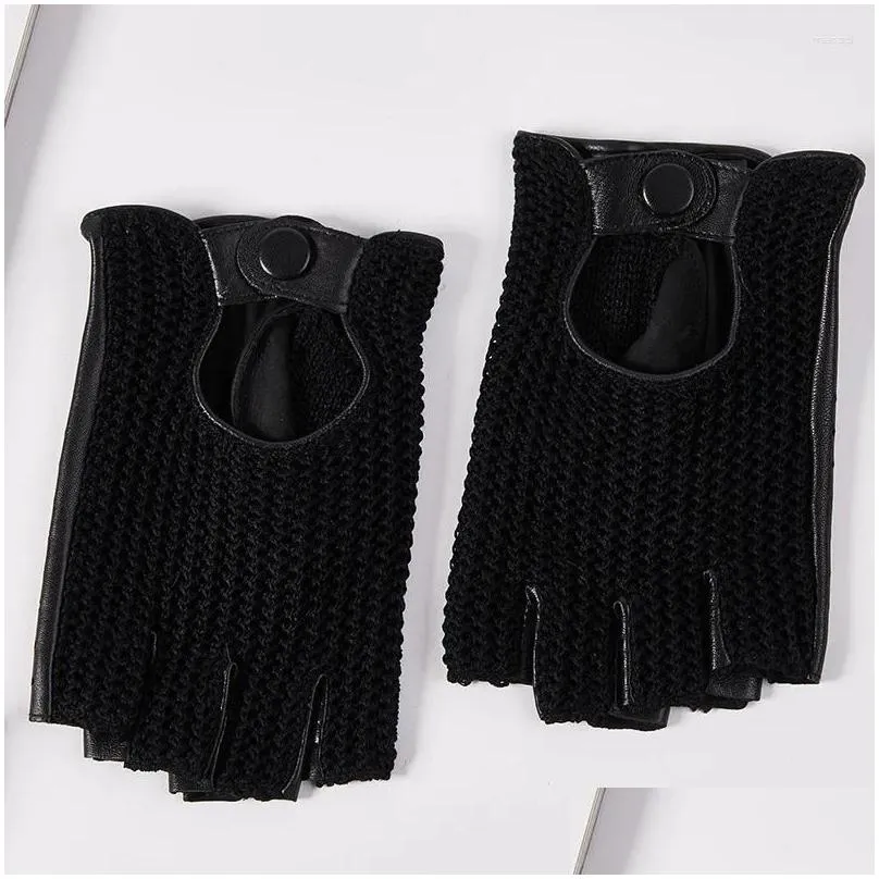 Cycling Gloves Men`s Half-finger Leather Anti-skid Motorcycle Driving Woven Goatskin Touch Screen Thin Section