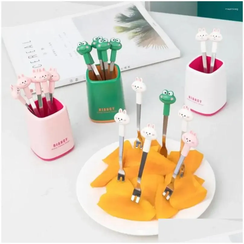 Forks Cartoon Cute Soft Handles With Storage Box Stainless Steel Dessert Tableware Fruit Fork Toothpick Kitchen Supplies