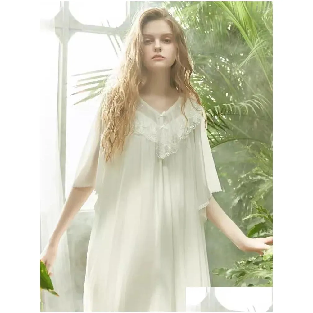 Women`s Sleepwear Vintage Modal Gauze Princess Long Nightgowns ForWomen Deliacate Embroidery Loose Royal Spring Summer Sweet Dress