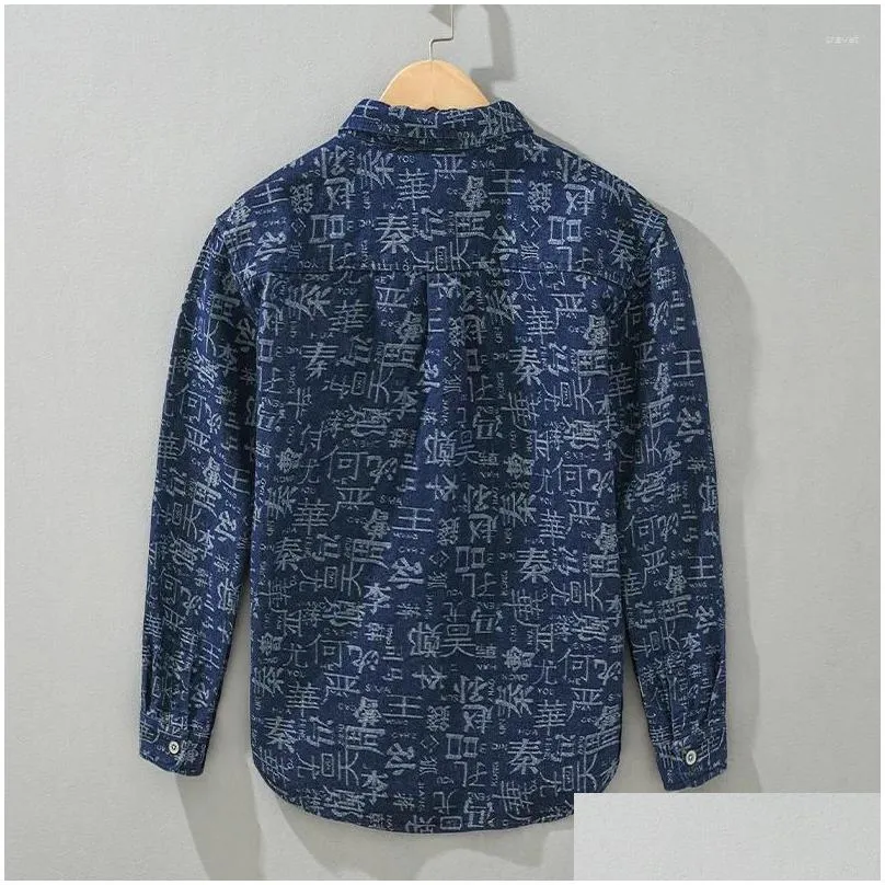 Men`s Casual Shirts Spring Denim Shirt Men Trend Streetwear Chic Long Sleeve Tops Chinese Character Surnames Jacquard Blue Jean