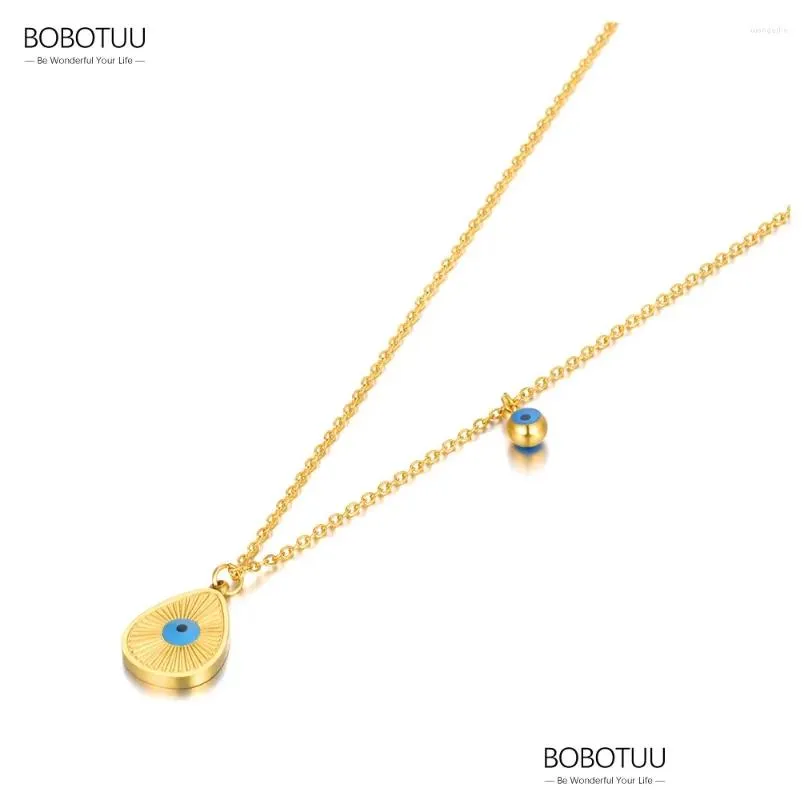 Pendant Necklaces BOBOTUU Blue Turkish Eyes Water Drop Necklace For Women 18K Gold Plated Stainless Steel Handmade Glaze BN22184