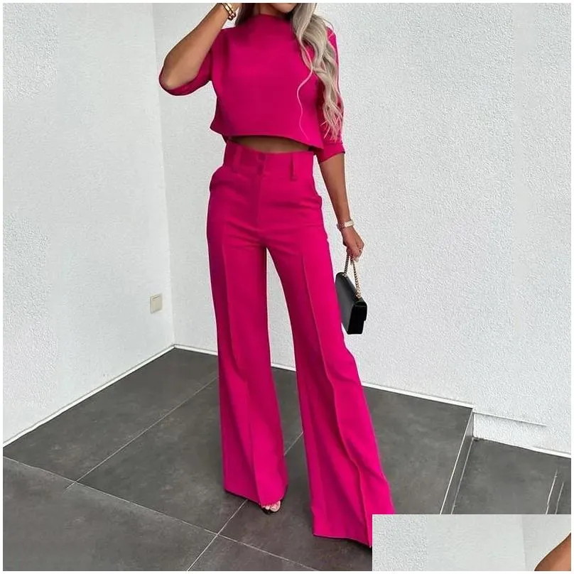Women`s Two Piece Pants Spring And Autumn Set Sexy Temperament Short Top Waist Tight Single Color Casual