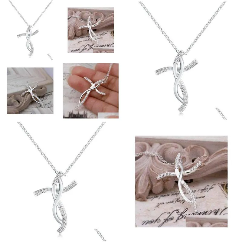 Pendant Necklaces European And American Pattern 925 Silver Plated Embedded Brick Personality Simple Charm Cross Crystal Full D