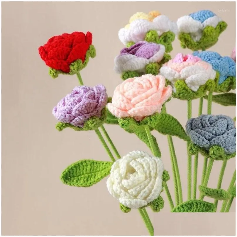Decorative Flowers 5pcs/bag DIY Knitting Bouquet Rose Flower Hand-Knitted Fake Knit Home Table Wedding Gifts