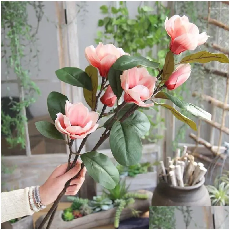 Decorative Flowers 1Pcs Luxury Long Stem 3Heads Artificial Magnolia Flower Branch For Home Wedding Decoration Fake Garden Decor Flores